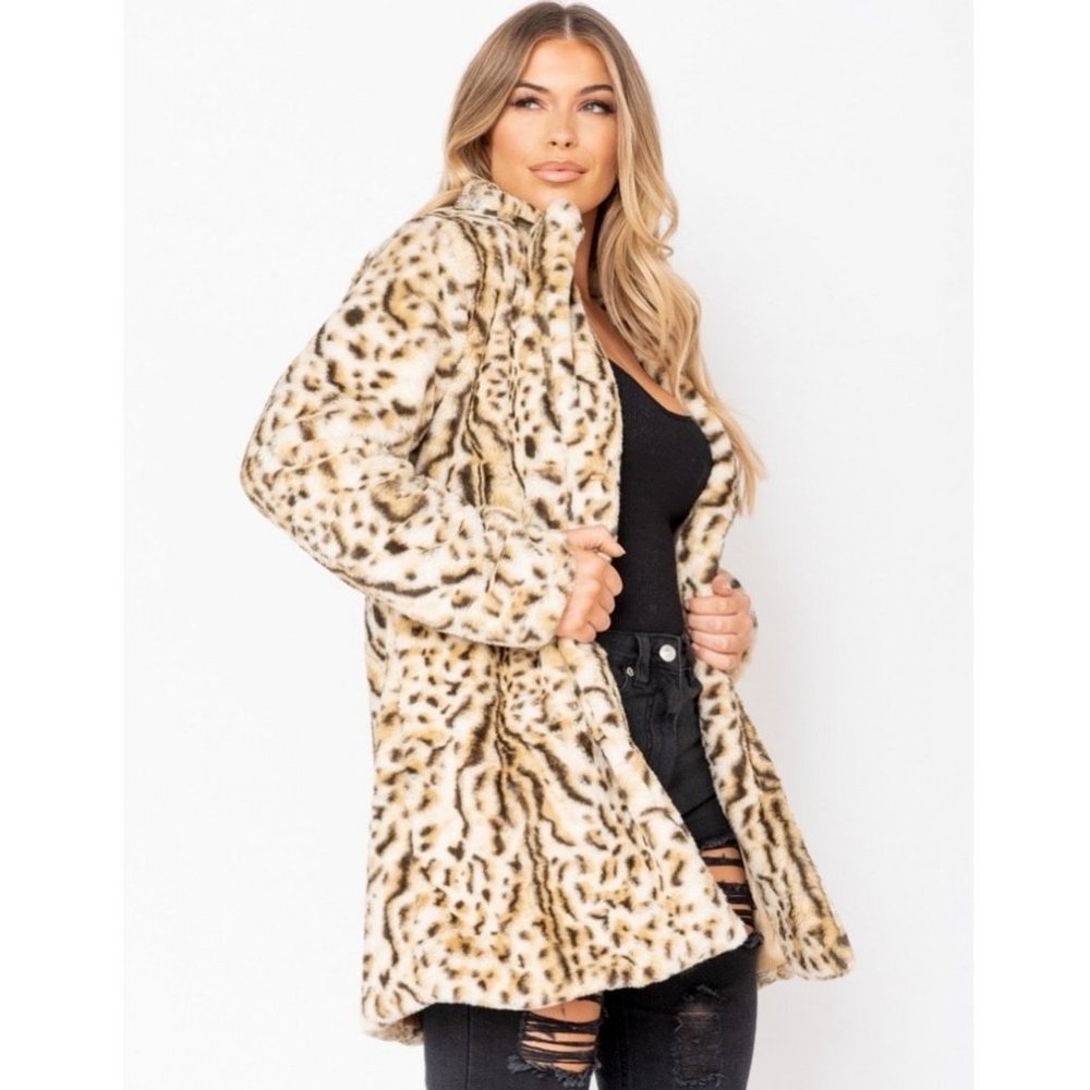 1 DAY SALE! Leopard Print Long Sleeve Faux Fur Coat Jacket - Picture 2 of 9